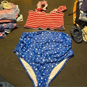 Red and White Striped Top with Blue Star-Patterned Bottoms MATERNITY
